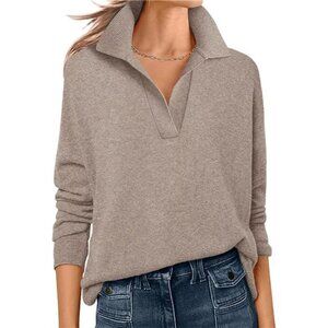 Womens Polo V Neck Sweater Long Sleeve Lightweight Dressy Casual Knit Top Fall